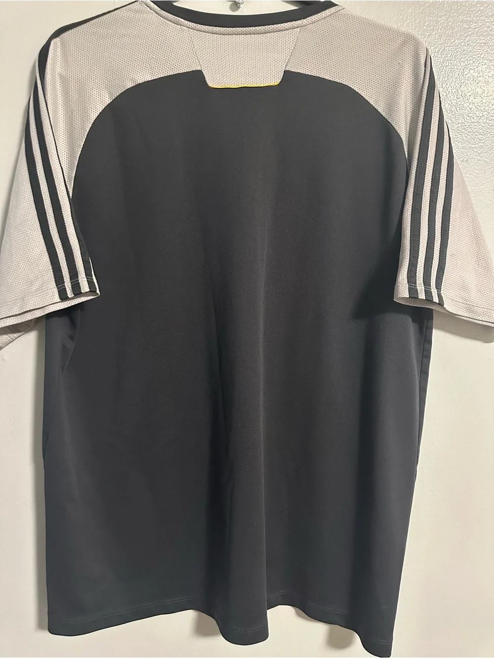 adidas Men's Black Tee with White Mesh Sleeves and Yellow Neck Accent Size L